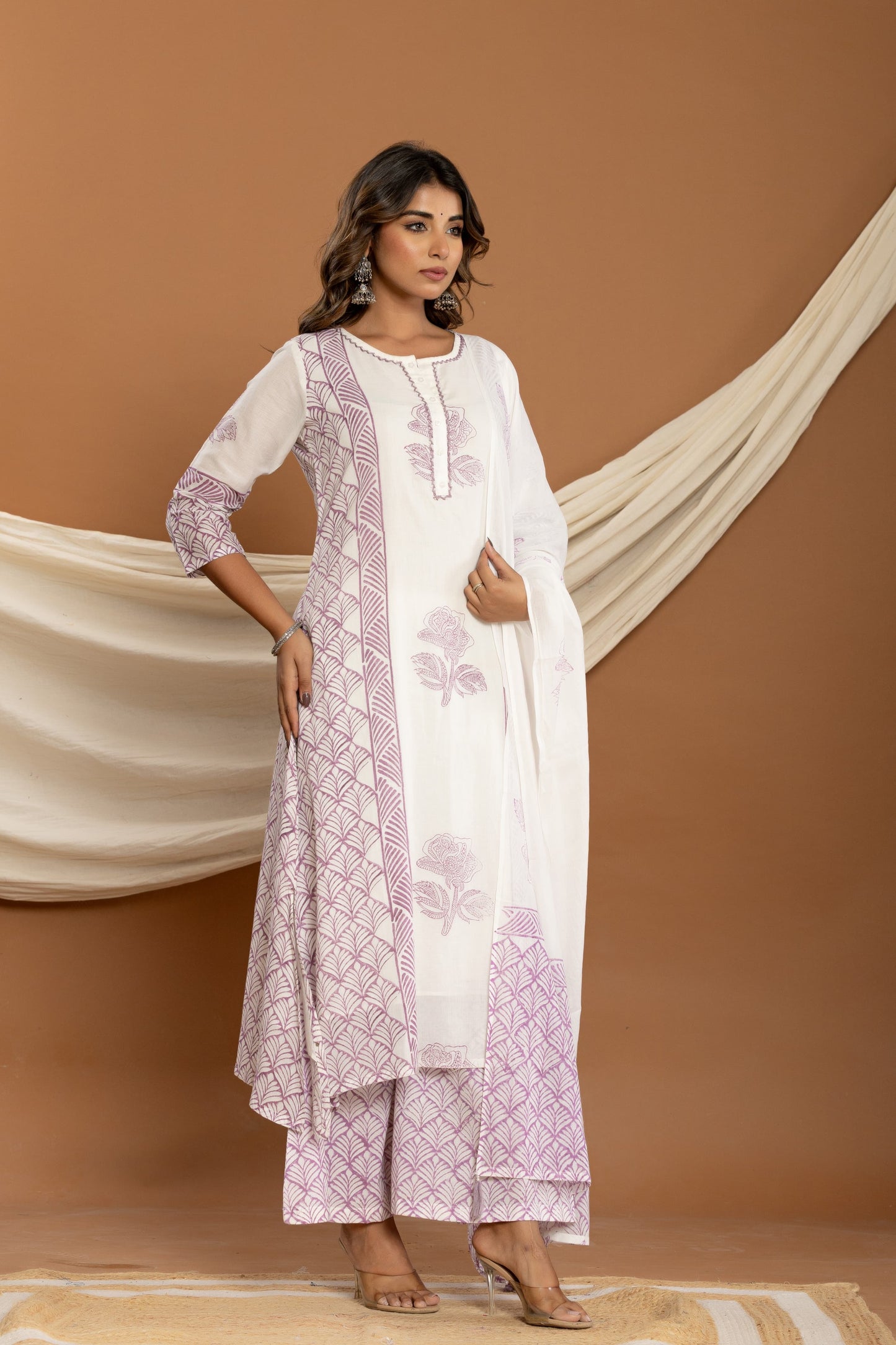 Pure mul cotton hand block print kurta plazoo set with duppata and embroidery highlights