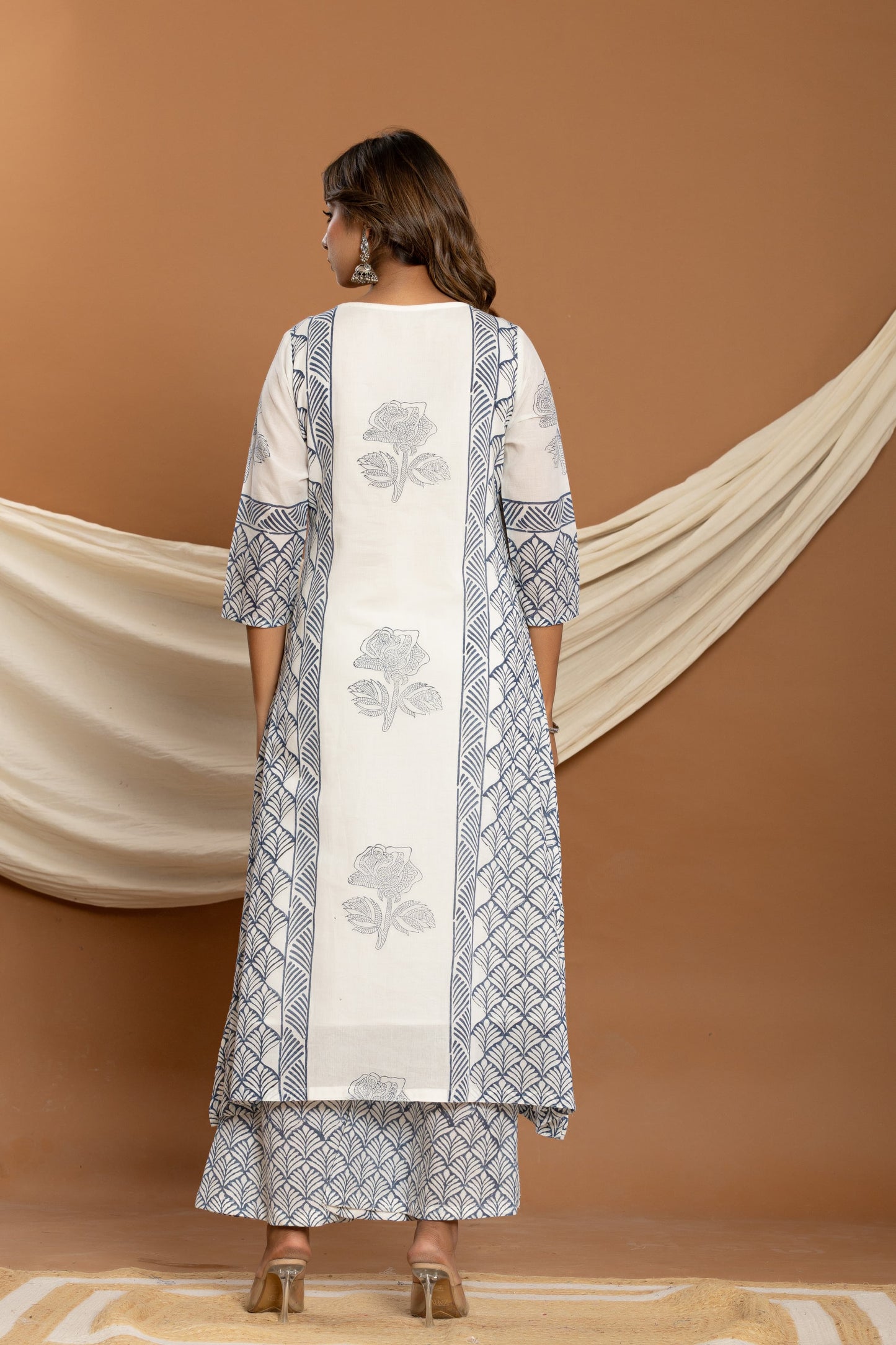 Pure mul cotton hand block print kurta plazoo set with duppata and embroidery highlights