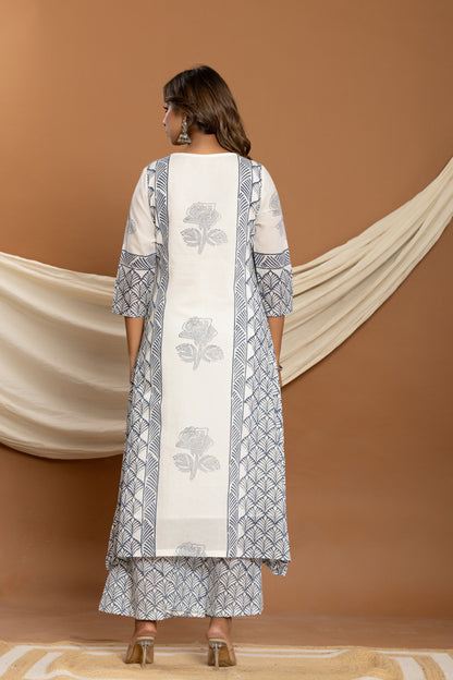 Pure mul cotton hand block print kurta plazoo set with duppata and embroidery highlights