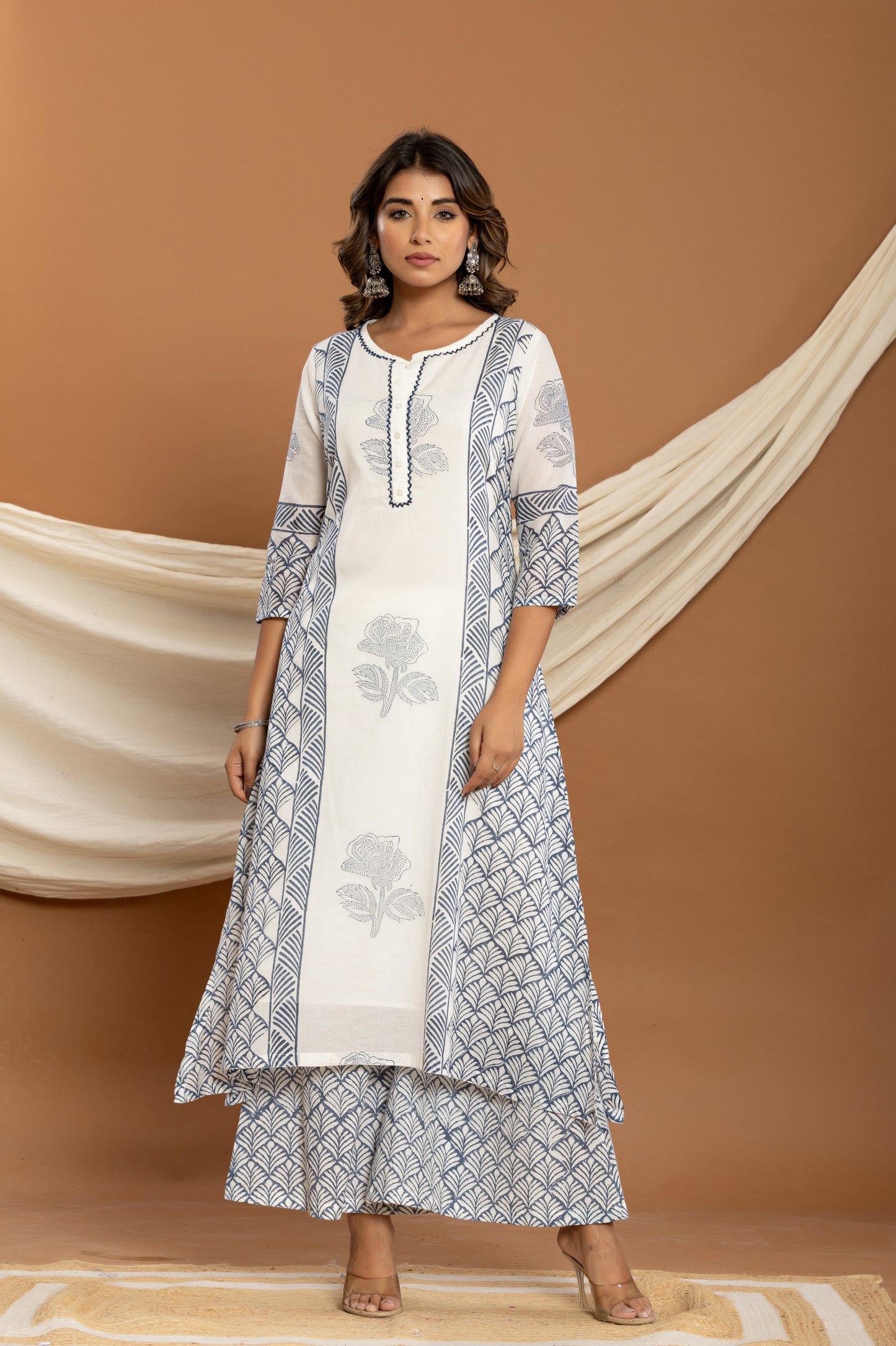 Pure mul cotton hand block print kurta plazoo set with duppata and embroidery highlights