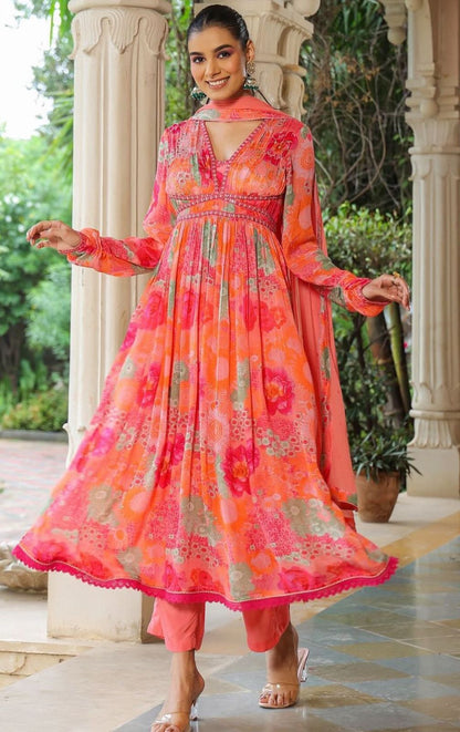 ANARKALI KURTA PANT & DUPPATA SET WITH INTRICATE EMBROIDERY HIGHLIGHTS