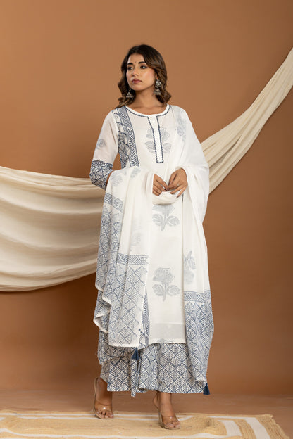 Pure mul cotton hand block print kurta plazoo set with duppata and embroidery highlights