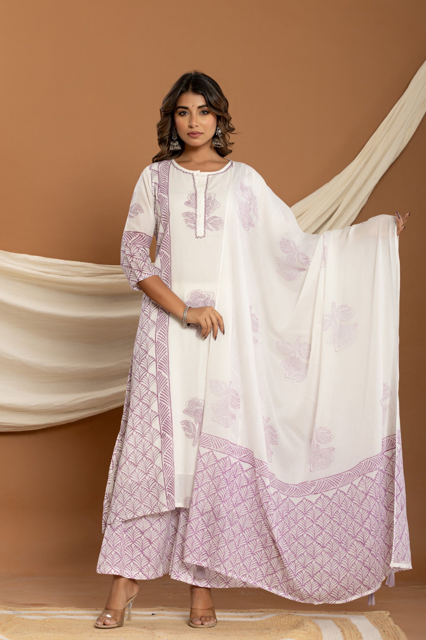Pure mul cotton hand block print kurta plazoo set with duppata and embroidery highlights