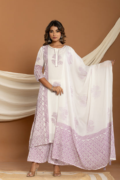 Pure mul cotton hand block print kurta plazoo set with duppata and embroidery highlights