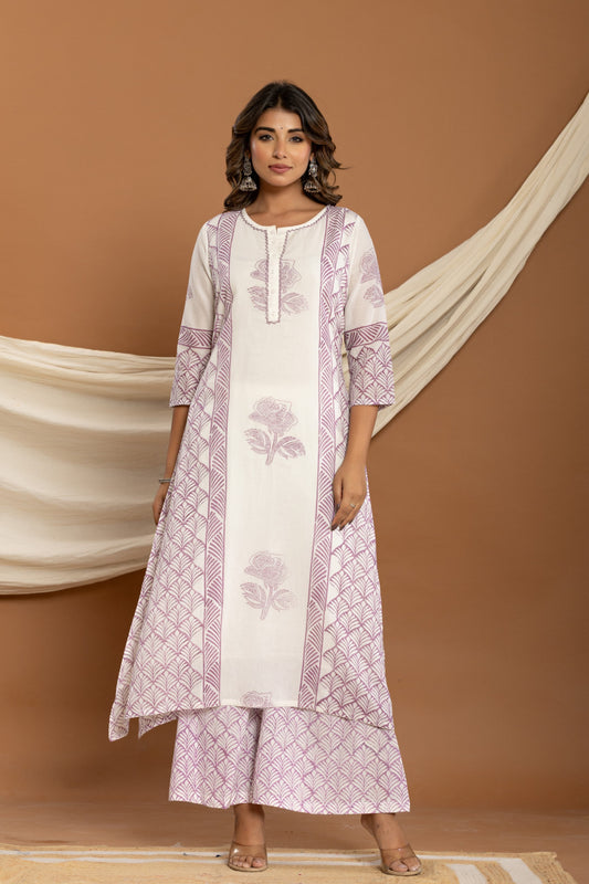 Pure mul cotton hand block print kurta plazoo set with duppata and embroidery highlights